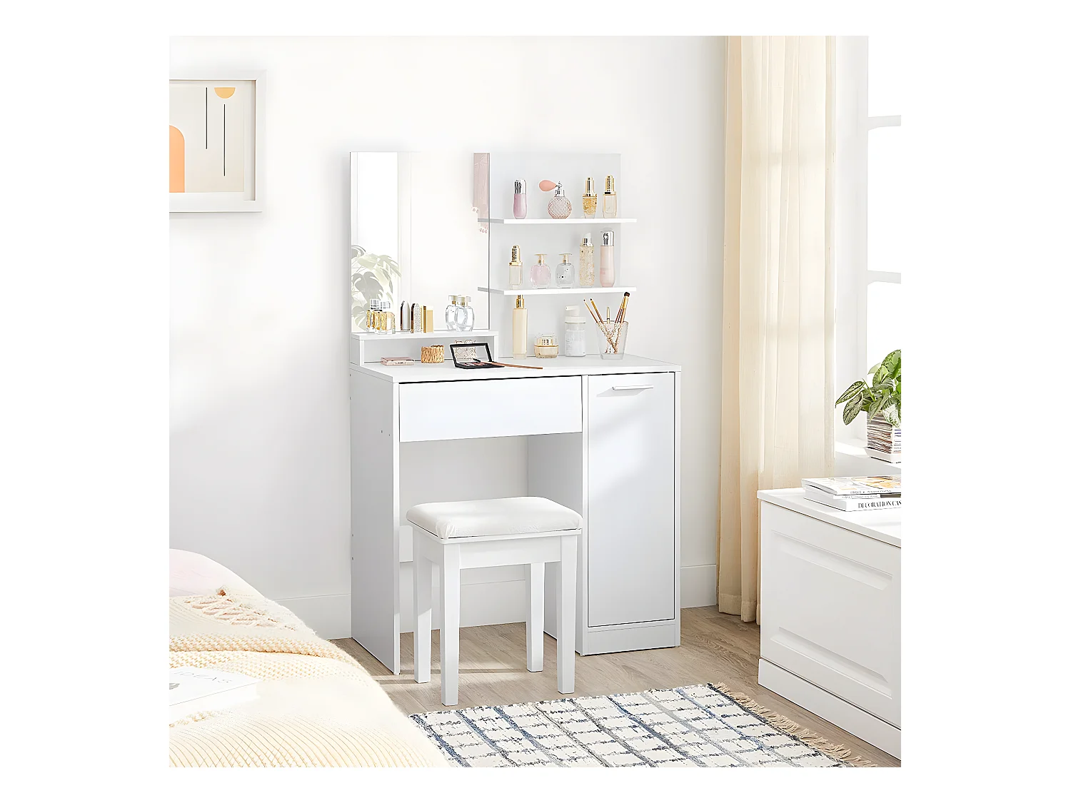 Coiffeuse blanche avec miroir, 1 tiroir, 2 étagères et armoire de rangement - L80 x H132 cm