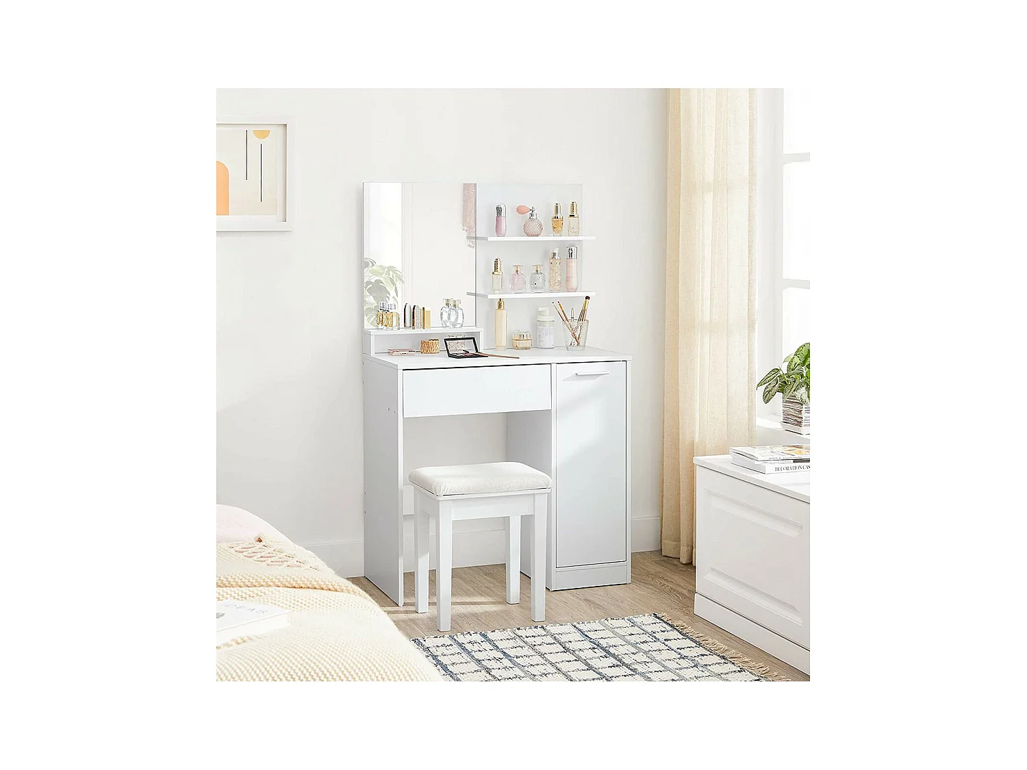 Coiffeuse blanche avec miroir, 1 tiroir, 2 étagères et armoire de rangement - L80 x H132 cm