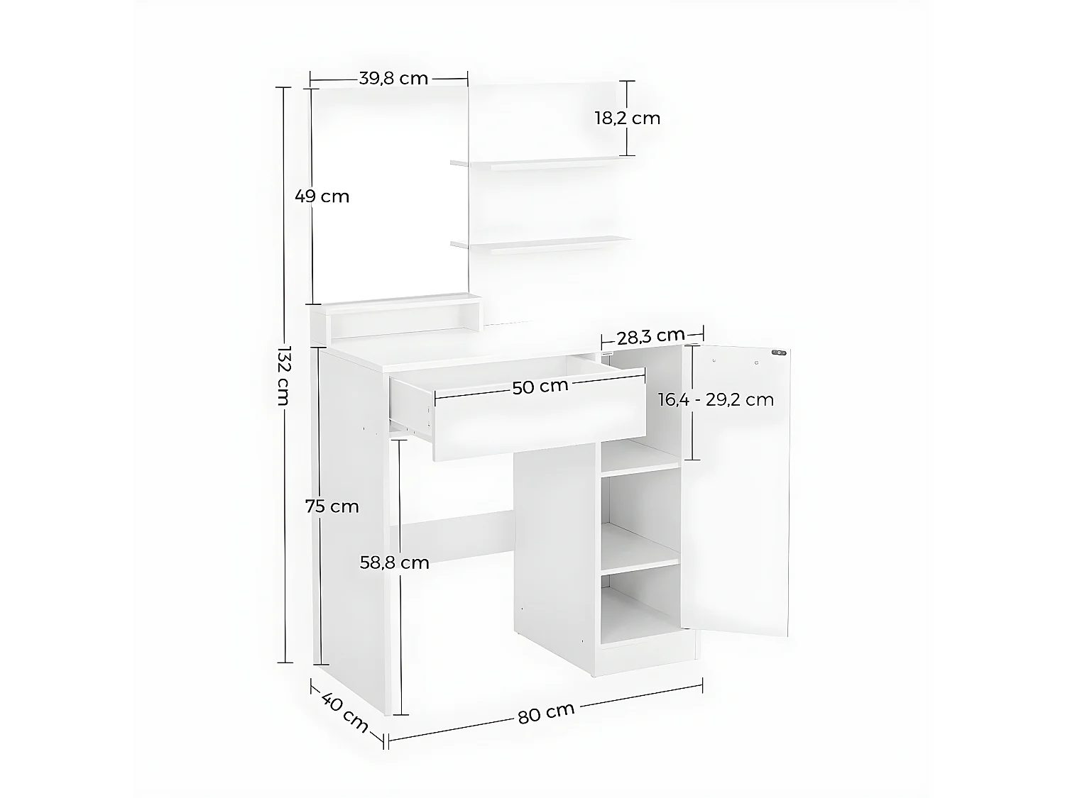 Kaptafel met spiegel, 1 lade, 2 planken en opbergkast - L80 x H132 cm