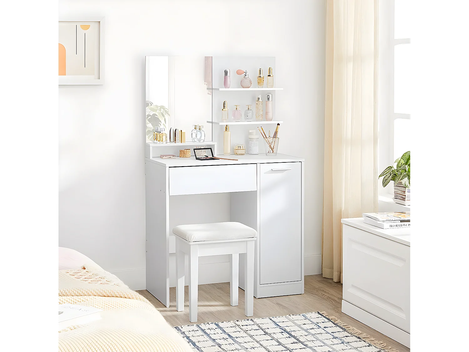 Kaptafel met spiegel, 1 lade, 2 planken en opbergkast - L80 x H132 cm