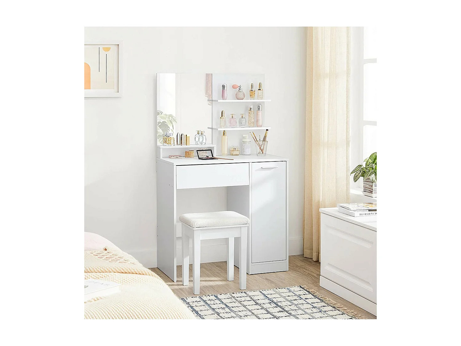 Kaptafel met spiegel, 1 lade, 2 planken en opbergkast - L80 x H132 cm