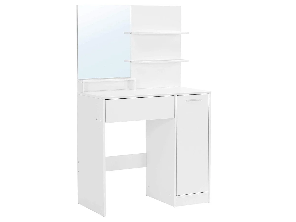 Coiffeuse blanche avec miroir, 1 tiroir, 2 étagères et armoire de rangement - L80 x H132 cm
