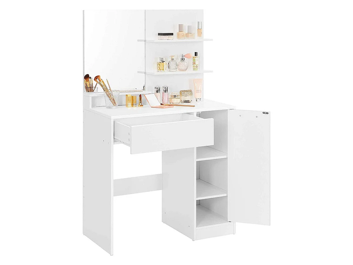Coiffeuse blanche avec miroir, 1 tiroir, 2 étagères et armoire de rangement - L80 x H132 cm