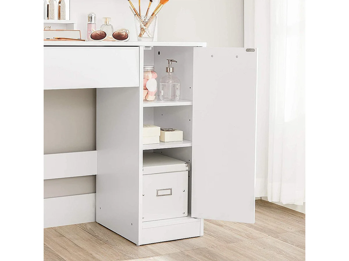 Coiffeuse blanche avec miroir, 1 tiroir, 2 étagères et armoire de rangement - L80 x H132 cm