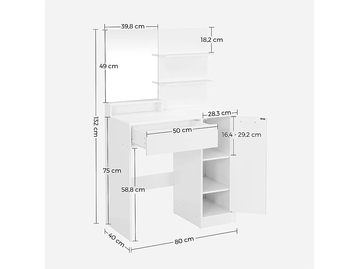 Coiffeuse blanche avec miroir, 1 tiroir, 2 étagères et armoire de rangement - L80 x H132 cm