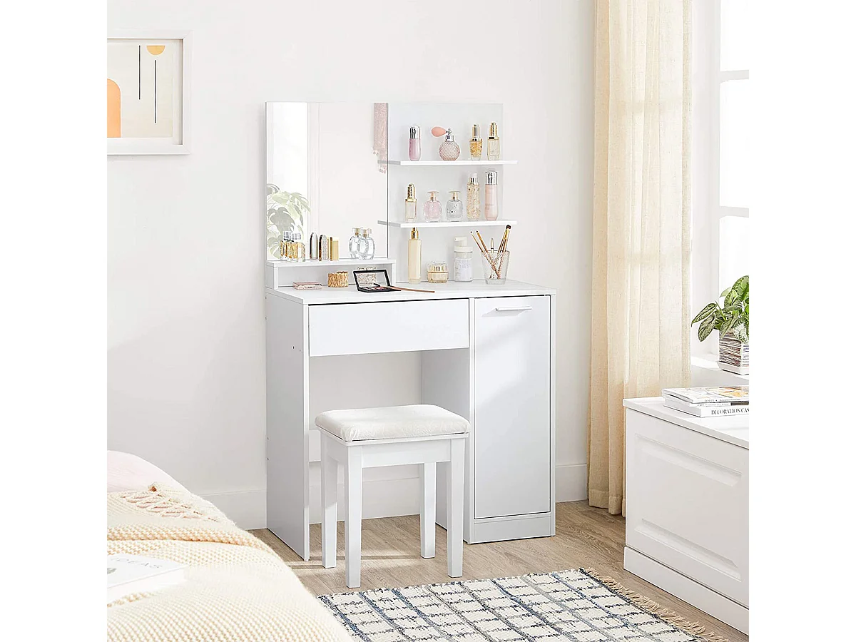 Coiffeuse blanche avec miroir, 1 tiroir, 2 étagères et armoire de rangement - L80 x H132 cm