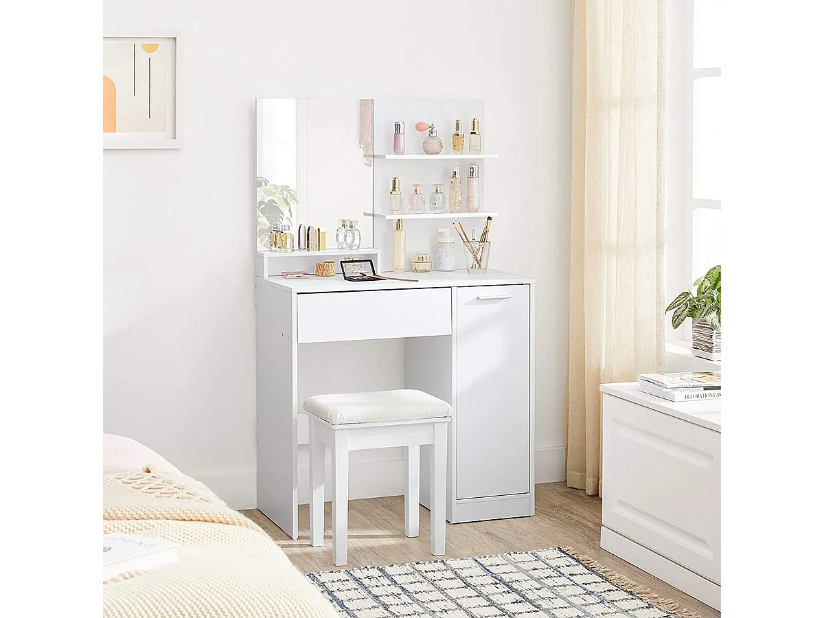 Coiffeuse blanche avec miroir, 1 tiroir, 2 étagères et armoire de rangement - L80 x H132 cm