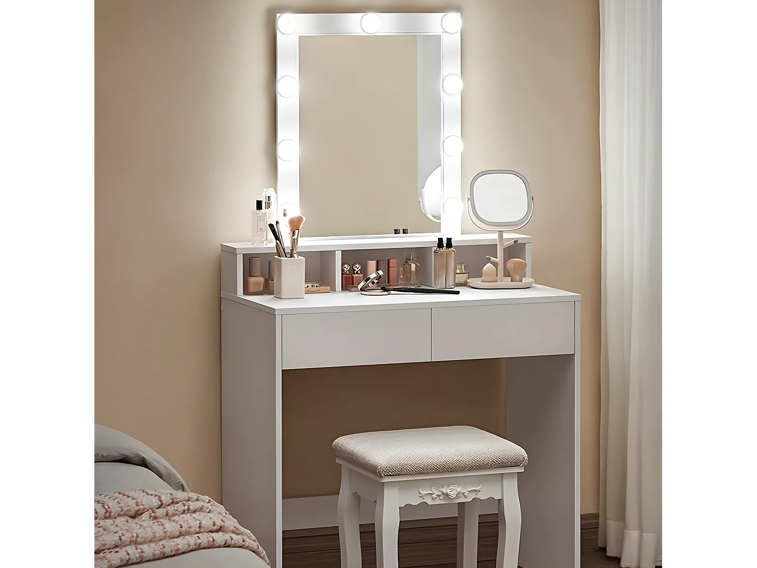 Coiffeuse blanche avec miroir à ampoules et 2 tiroirs - L80 x H145 cm