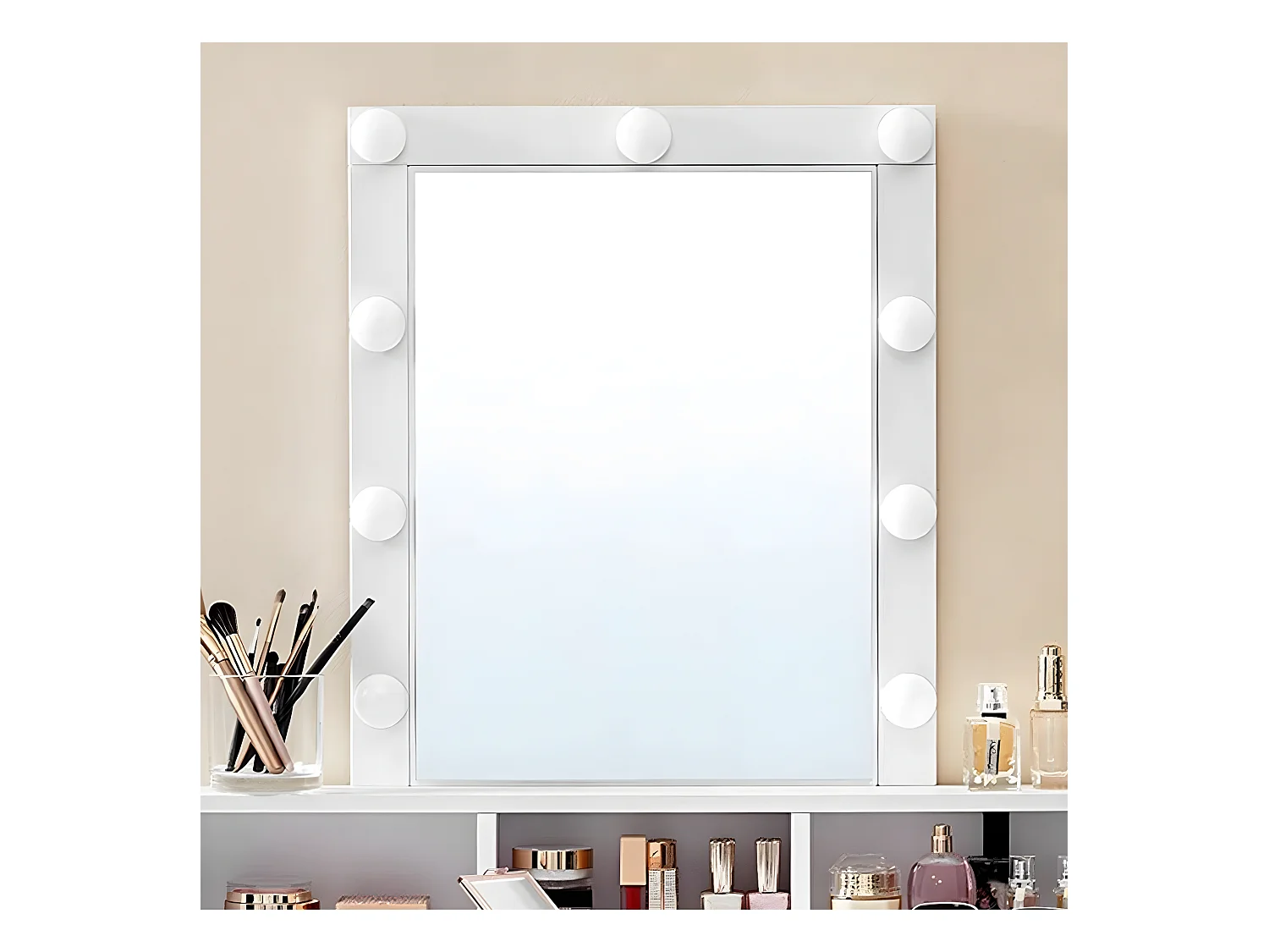 Coiffeuse blanche avec miroir à ampoules et 2 tiroirs - L80 x H145 cm