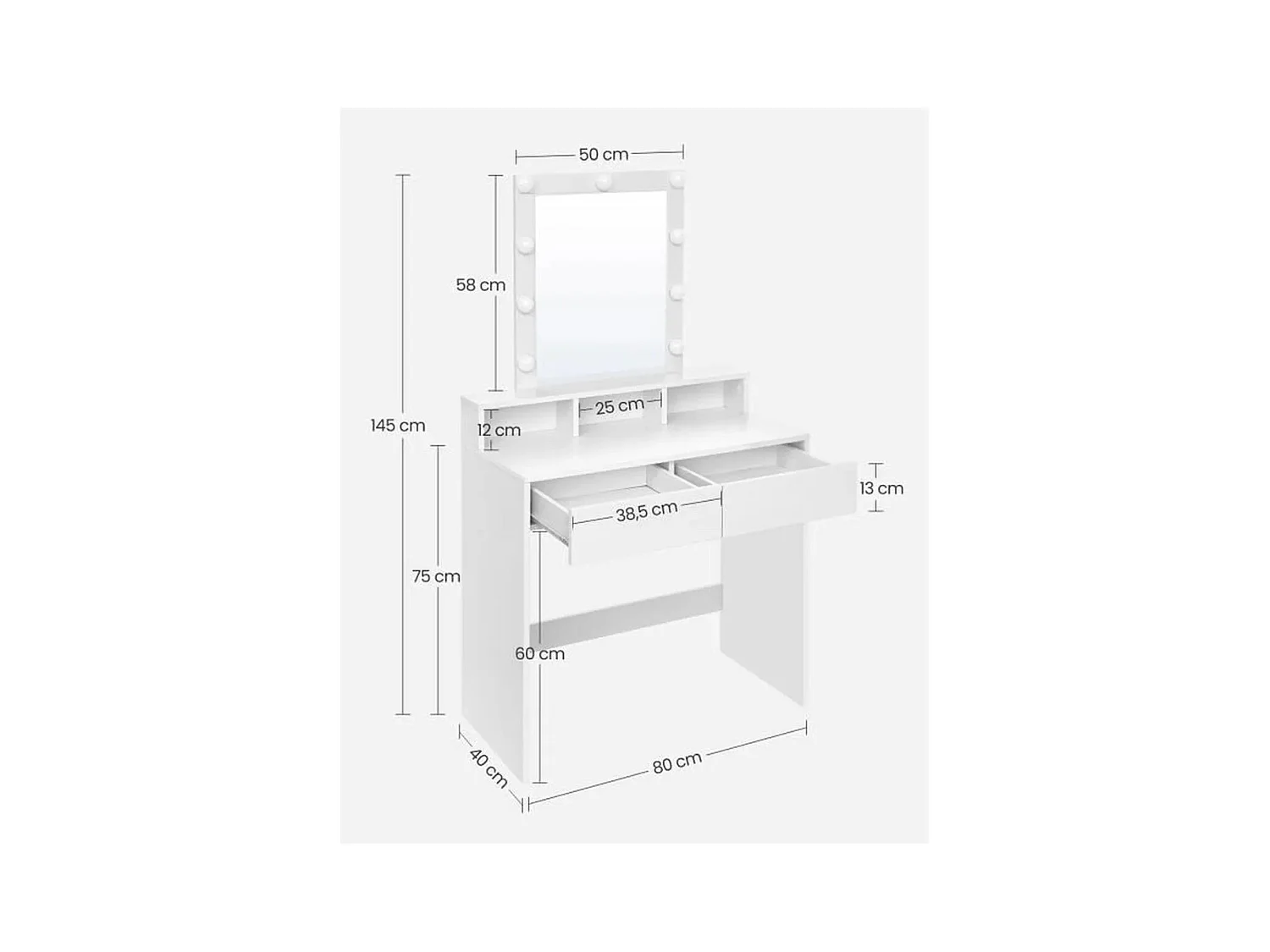Coiffeuse blanche avec miroir à ampoules et 2 tiroirs - L80 x H145 cm