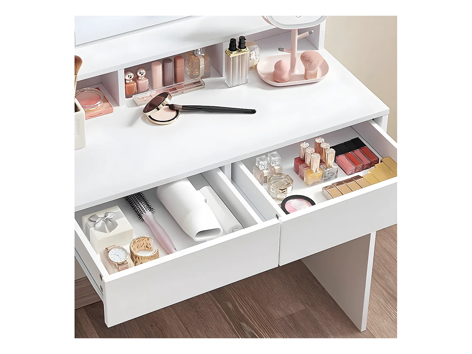 Coiffeuse blanche avec miroir à ampoules et 2 tiroirs - L80 x H145 cm