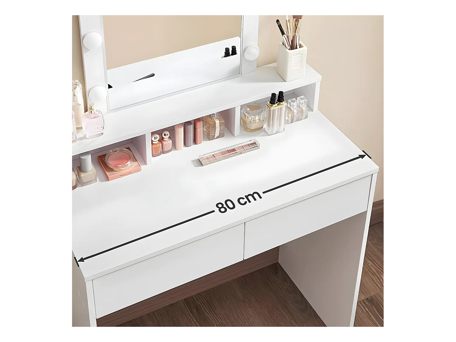 Coiffeuse blanche avec miroir à ampoules et 2 tiroirs - L80 x H145 cm