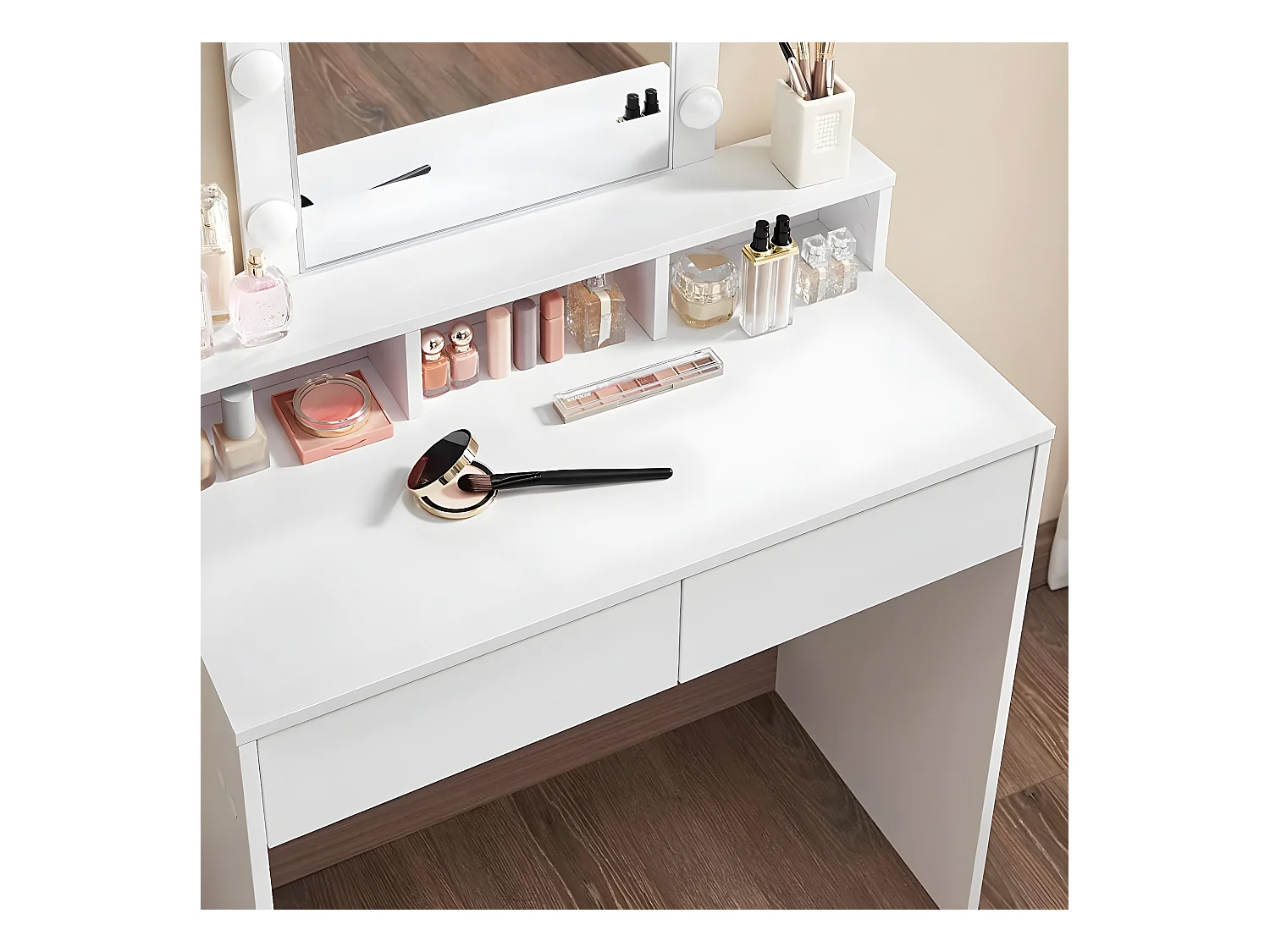 Coiffeuse blanche avec miroir à ampoules et 2 tiroirs - L80 x H145 cm