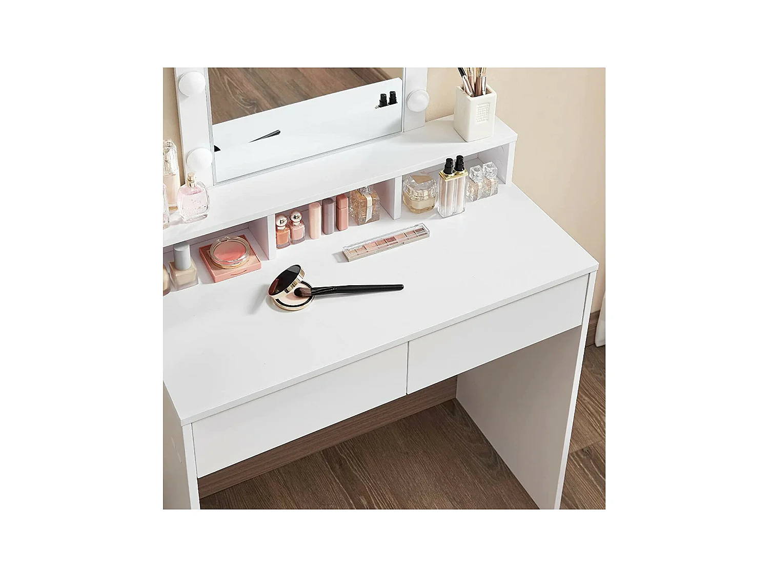 Coiffeuse blanche avec miroir à ampoules et 2 tiroirs - L80 x H145 cm