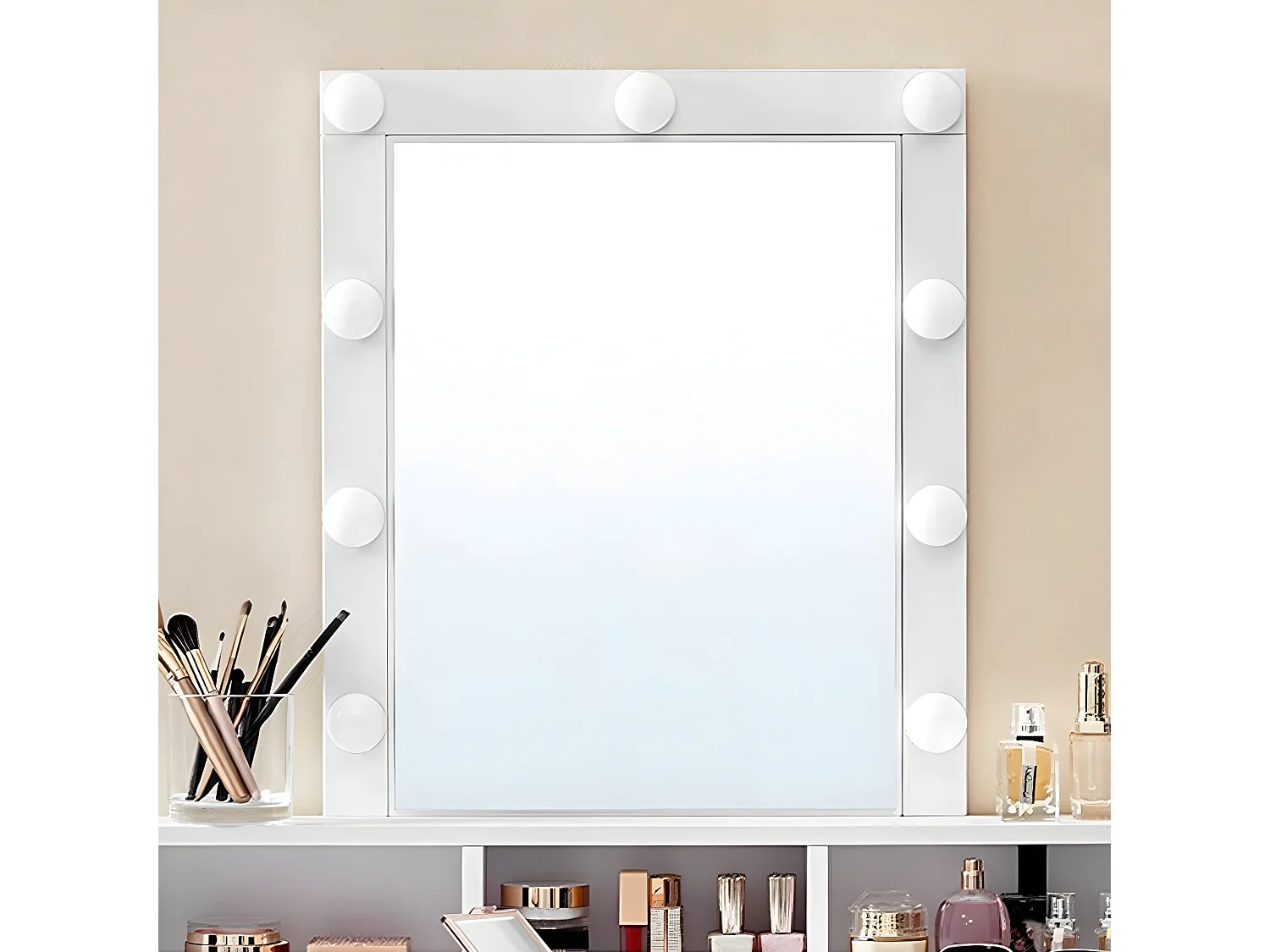 Coiffeuse blanche avec miroir à ampoules et 2 tiroirs - L80 x H145 cm