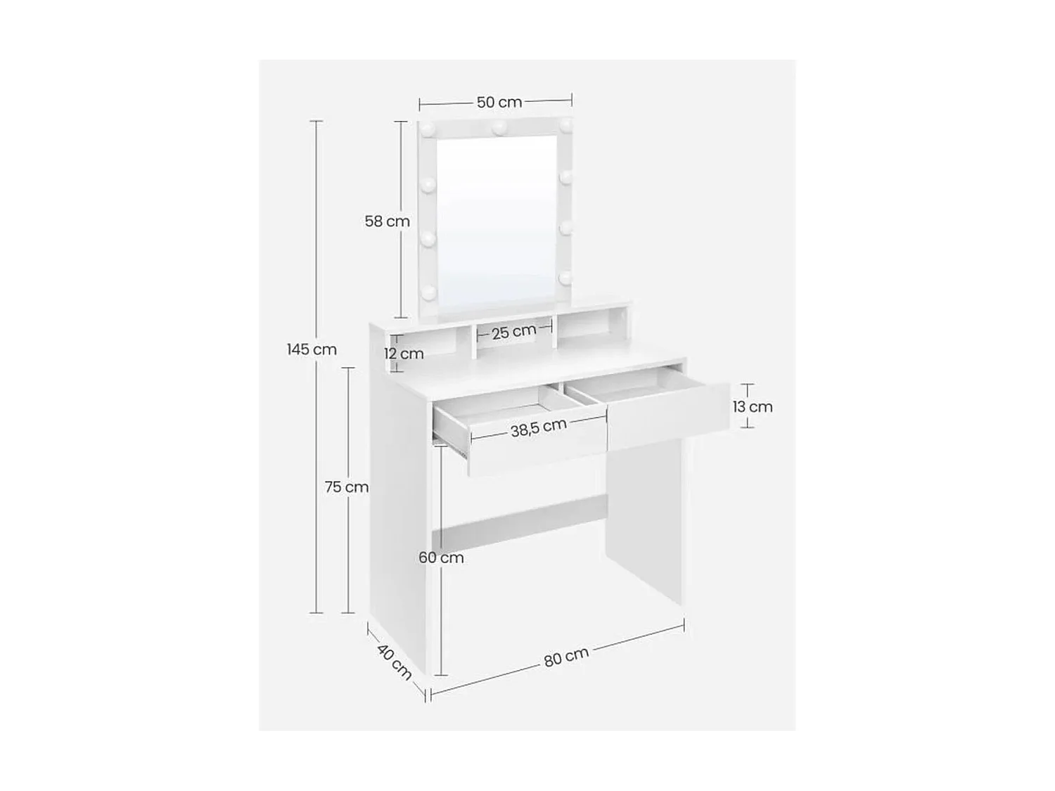 Coiffeuse blanche avec miroir à ampoules et 2 tiroirs - L80 x H145 cm