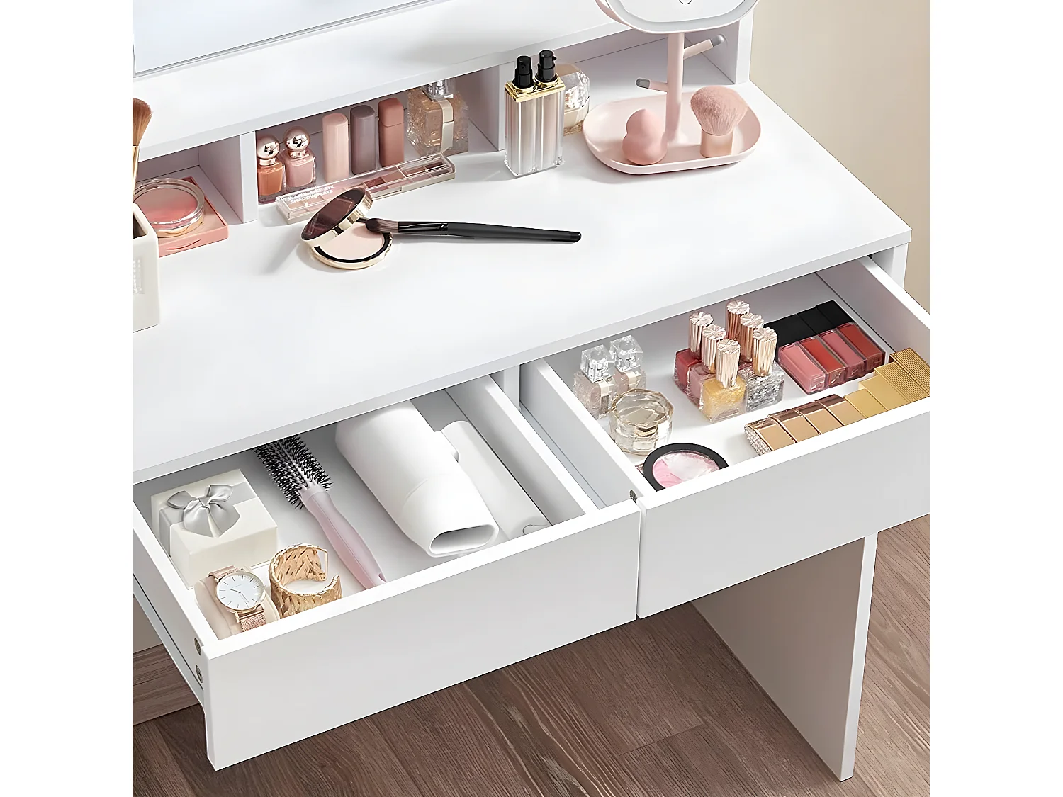 Coiffeuse blanche avec miroir à ampoules et 2 tiroirs - L80 x H145 cm