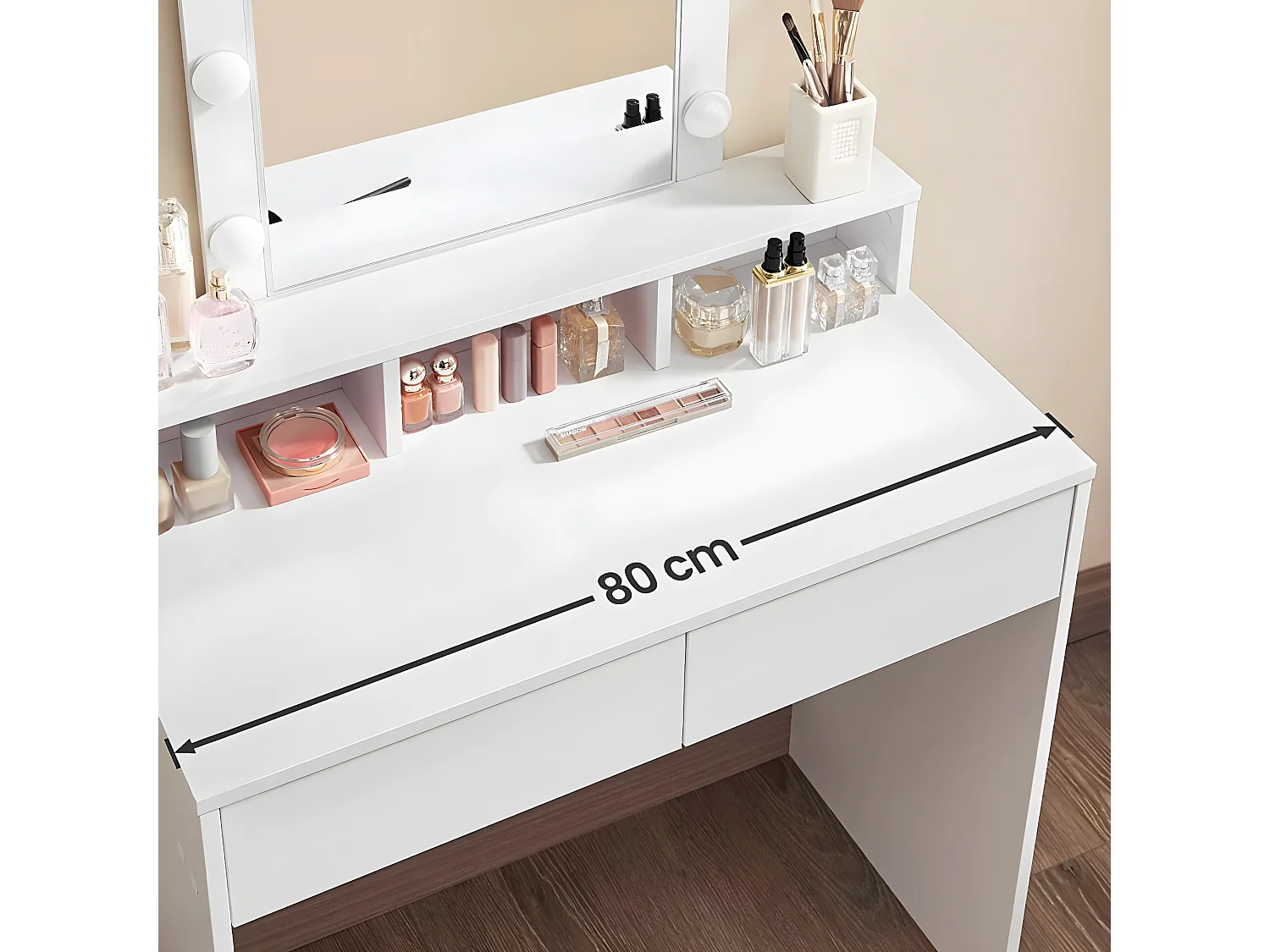 Coiffeuse blanche avec miroir à ampoules et 2 tiroirs - L80 x H145 cm