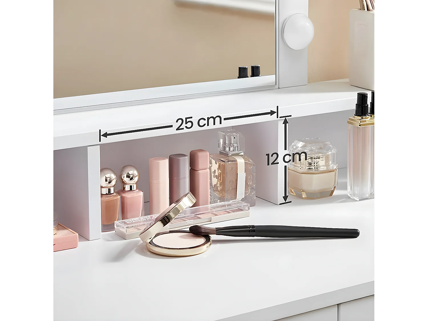 Coiffeuse blanche avec miroir à ampoules et 2 tiroirs - L80 x H145 cm