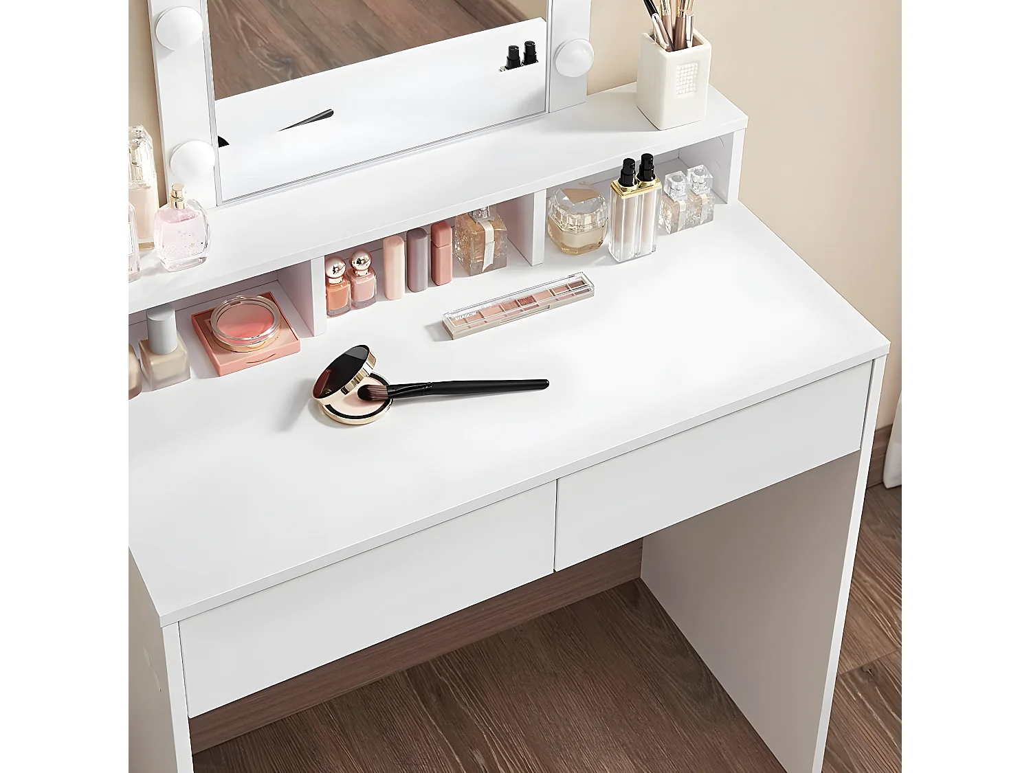 Coiffeuse blanche avec miroir à ampoules et 2 tiroirs - L80 x H145 cm