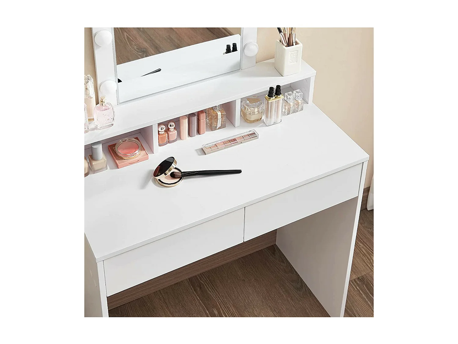 Coiffeuse blanche avec miroir à ampoules et 2 tiroirs - L80 x H145 cm