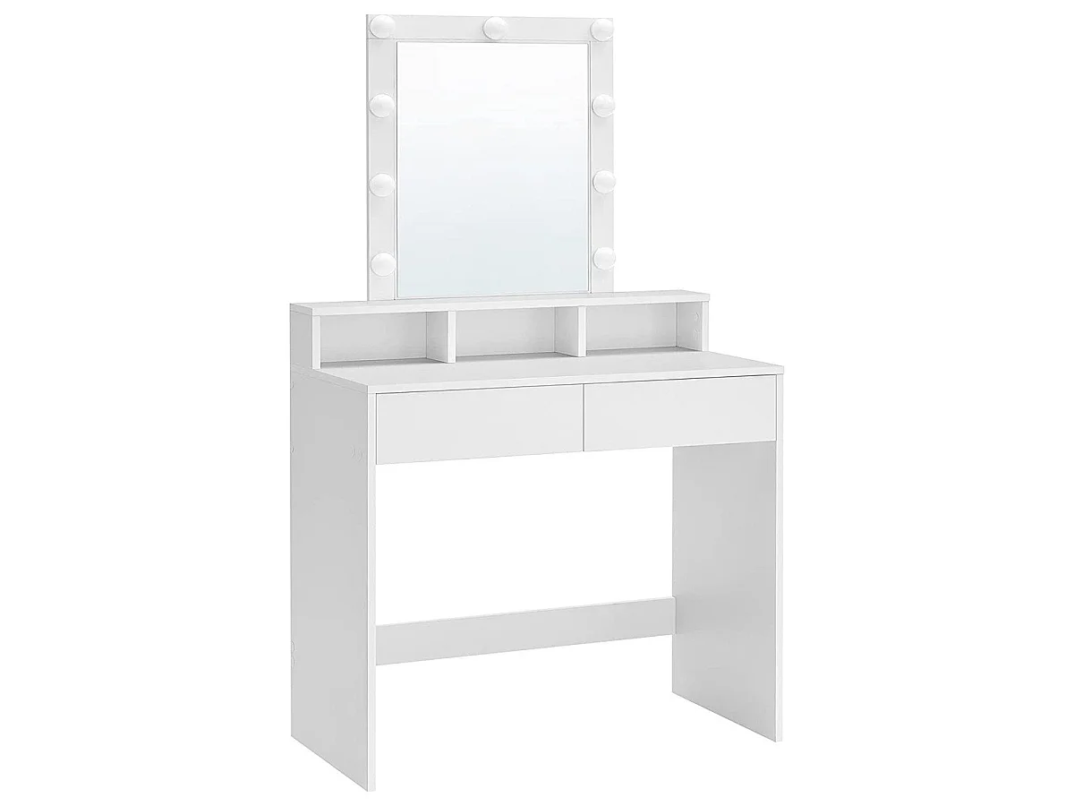 Coiffeuse blanche avec miroir à ampoules et 2 tiroirs - L80 x H145 cm