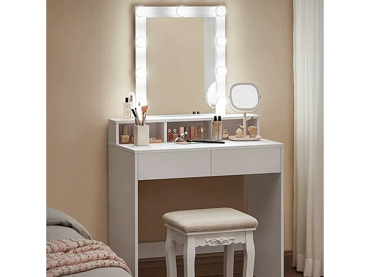 Coiffeuse blanche avec miroir à ampoules et 2 tiroirs - L80 x H145 cm