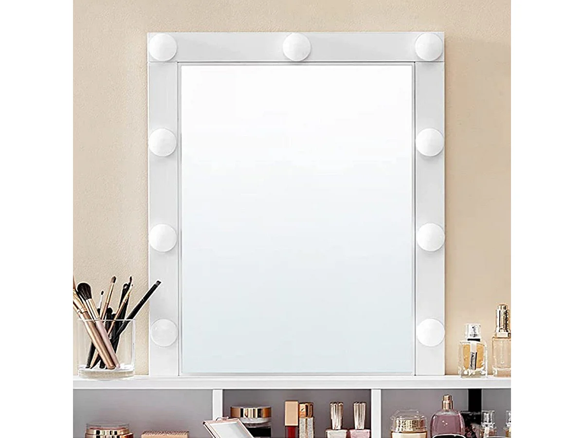 Coiffeuse blanche avec miroir à ampoules et 2 tiroirs - L80 x H145 cm
