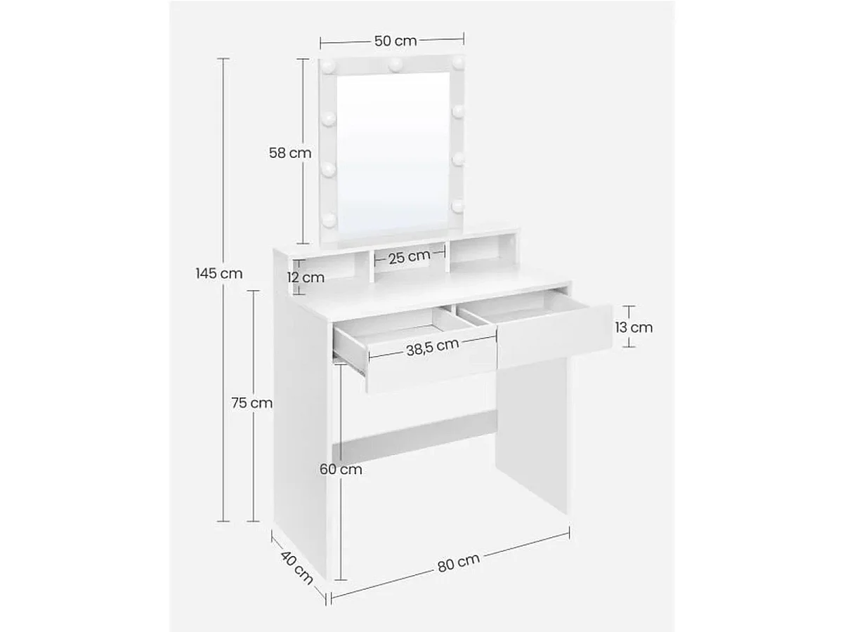 Coiffeuse blanche avec miroir à ampoules et 2 tiroirs - L80 x H145 cm