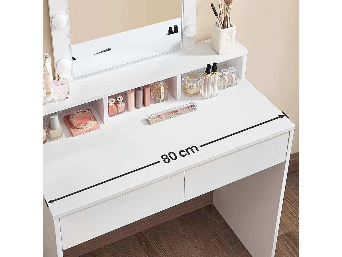 Coiffeuse blanche avec miroir à ampoules et 2 tiroirs - L80 x H145 cm