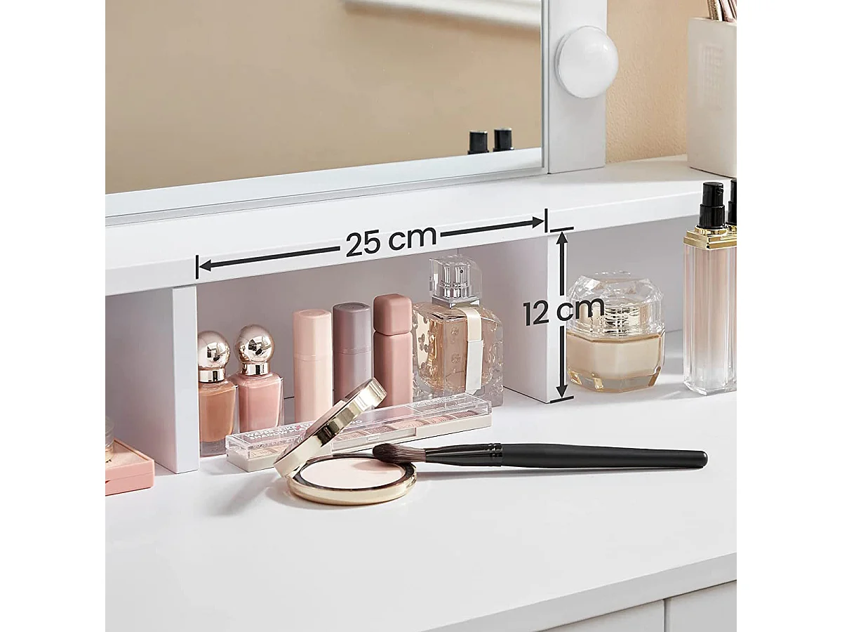 Coiffeuse blanche avec miroir à ampoules et 2 tiroirs - L80 x H145 cm