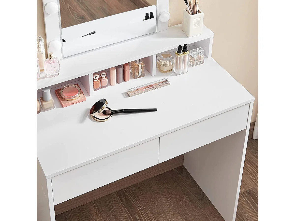 Coiffeuse blanche avec miroir à ampoules et 2 tiroirs - L80 x H145 cm