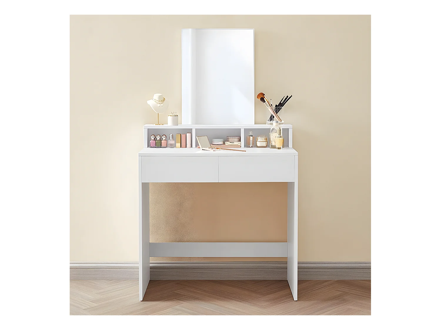 Tocador blanco con 1 espejo y 2 cajones - L80 x H140 cm