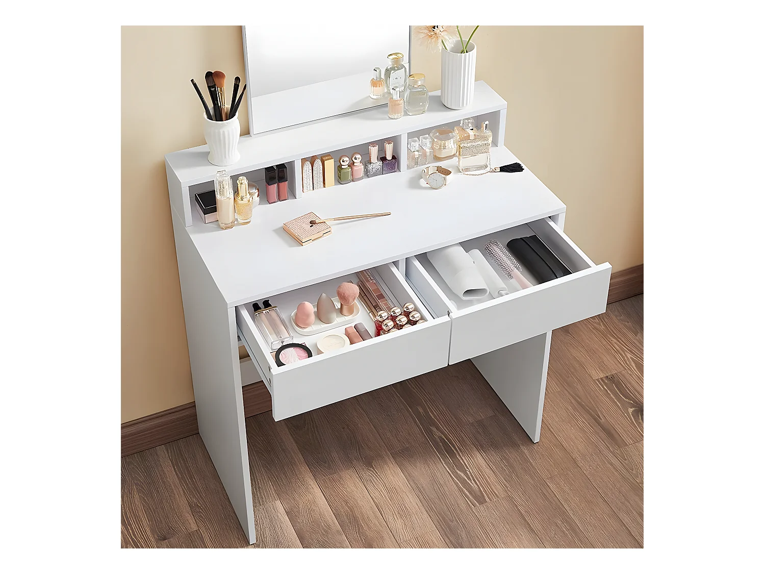 Tocador blanco con 1 espejo y 2 cajones - L80 x H140 cm