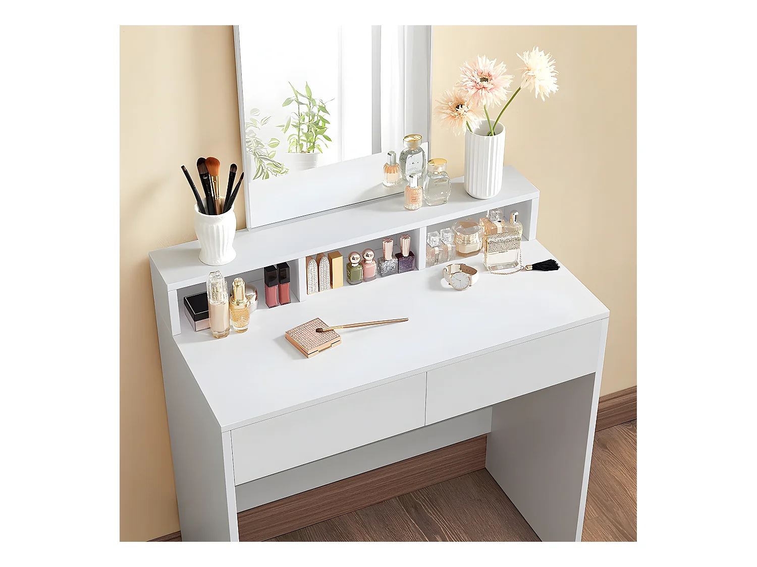 Tocador blanco con 1 espejo y 2 cajones - L80 x H140 cm