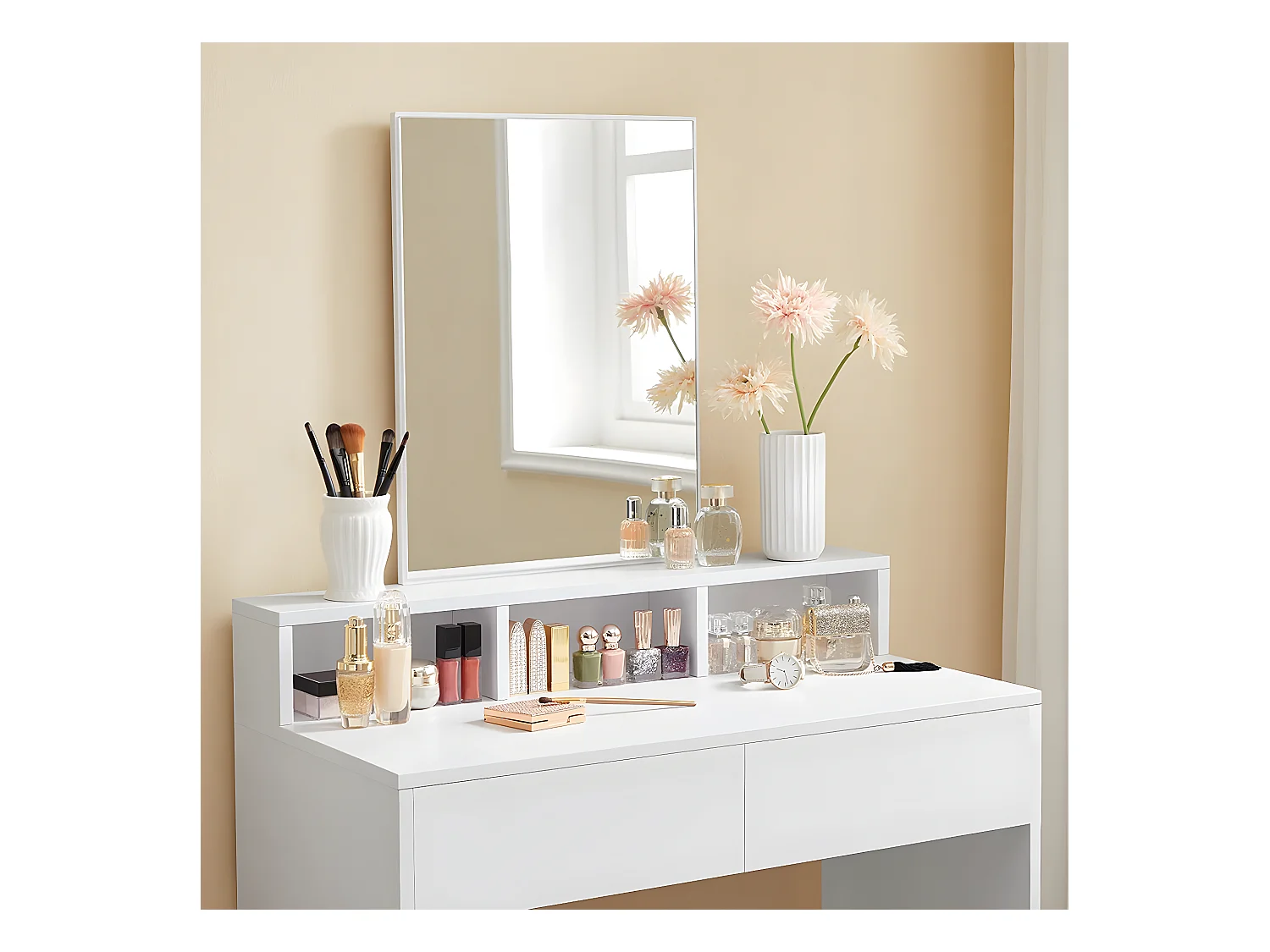 Tocador blanco con 1 espejo y 2 cajones - L80 x H140 cm