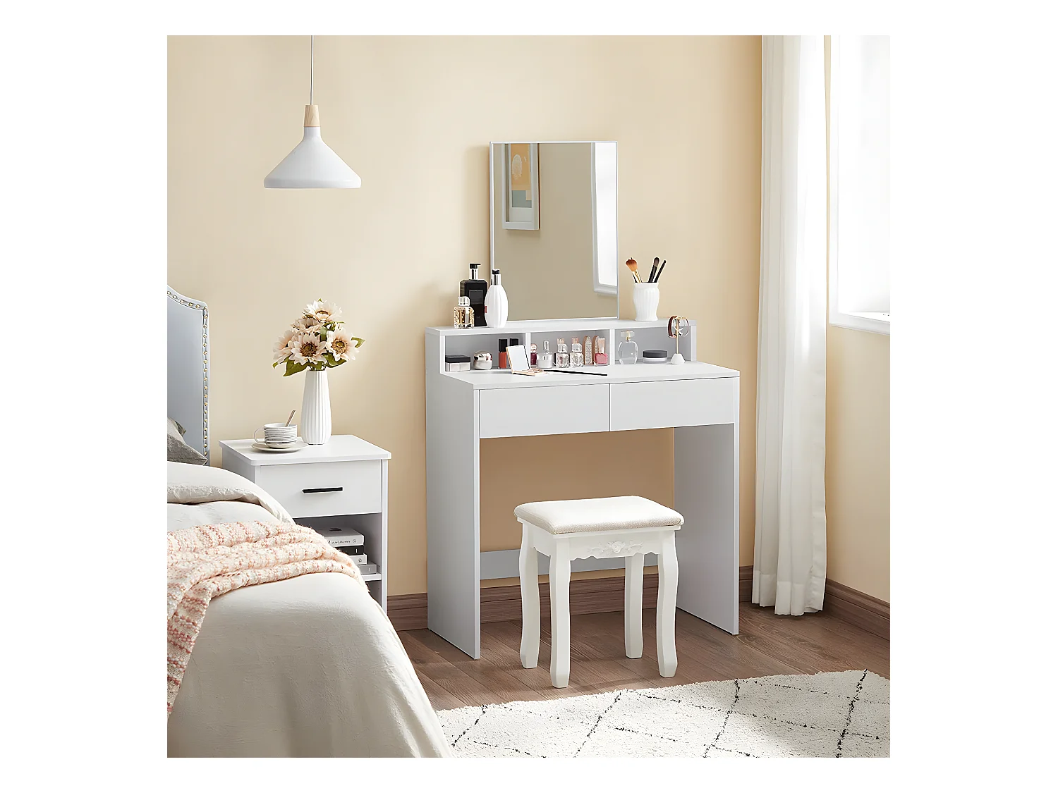 Tocador blanco con 1 espejo y 2 cajones - L80 x H140 cm