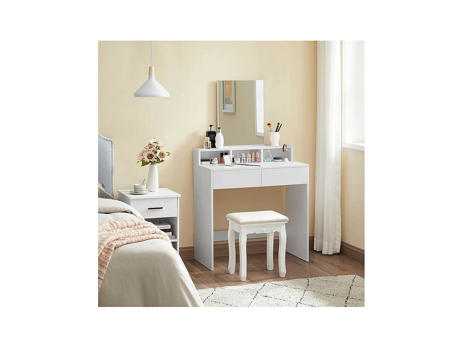 Tocador blanco con 1 espejo y 2 cajones - L80 x H140 cm