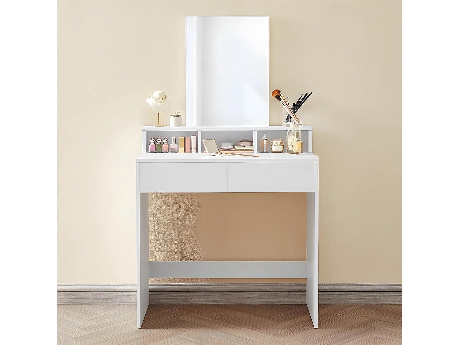 Coiffeuse blanche avec 1 miroir et 2 tiroirs - L80 x H140 cm