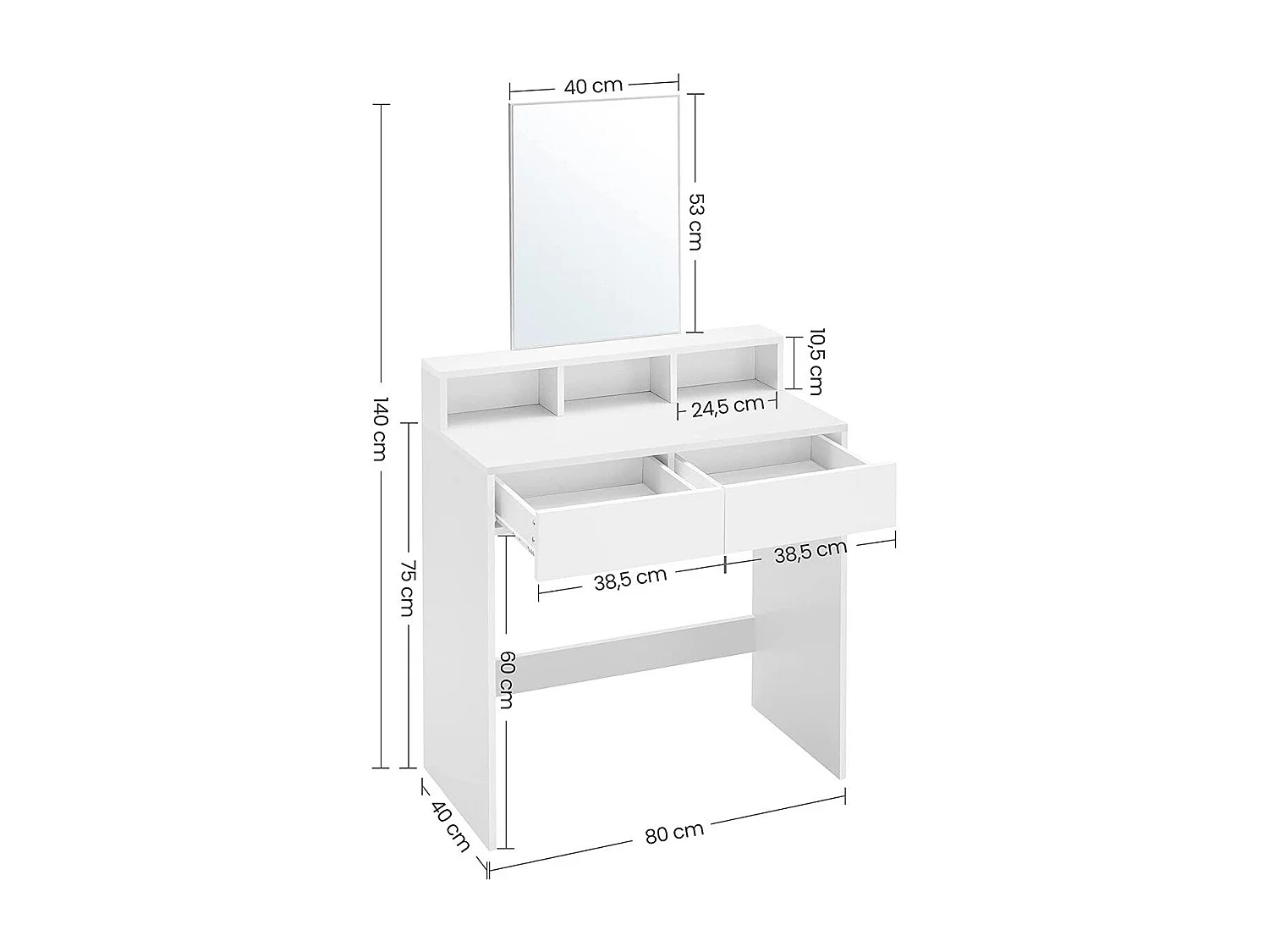 Coiffeuse blanche avec 1 miroir et 2 tiroirs - L80 x H140 cm