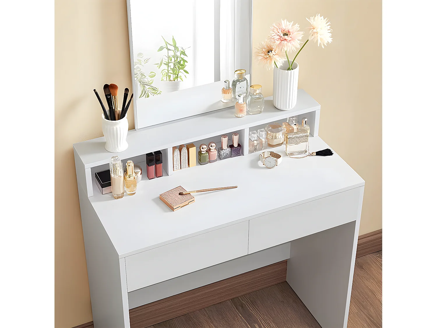 Coiffeuse blanche avec 1 miroir et 2 tiroirs - L80 x H140 cm