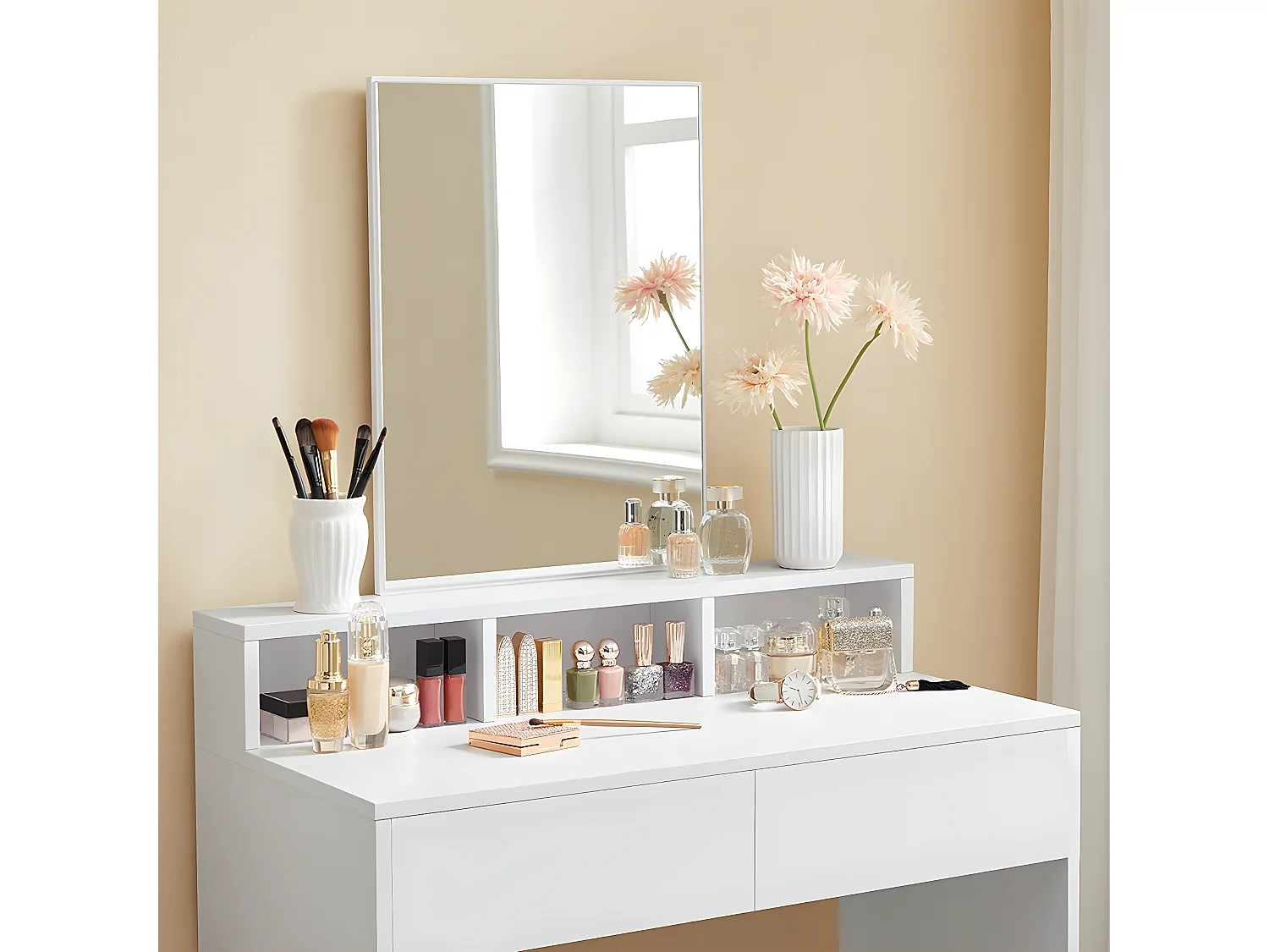 Coiffeuse blanche avec 1 miroir et 2 tiroirs - L80 x H140 cm