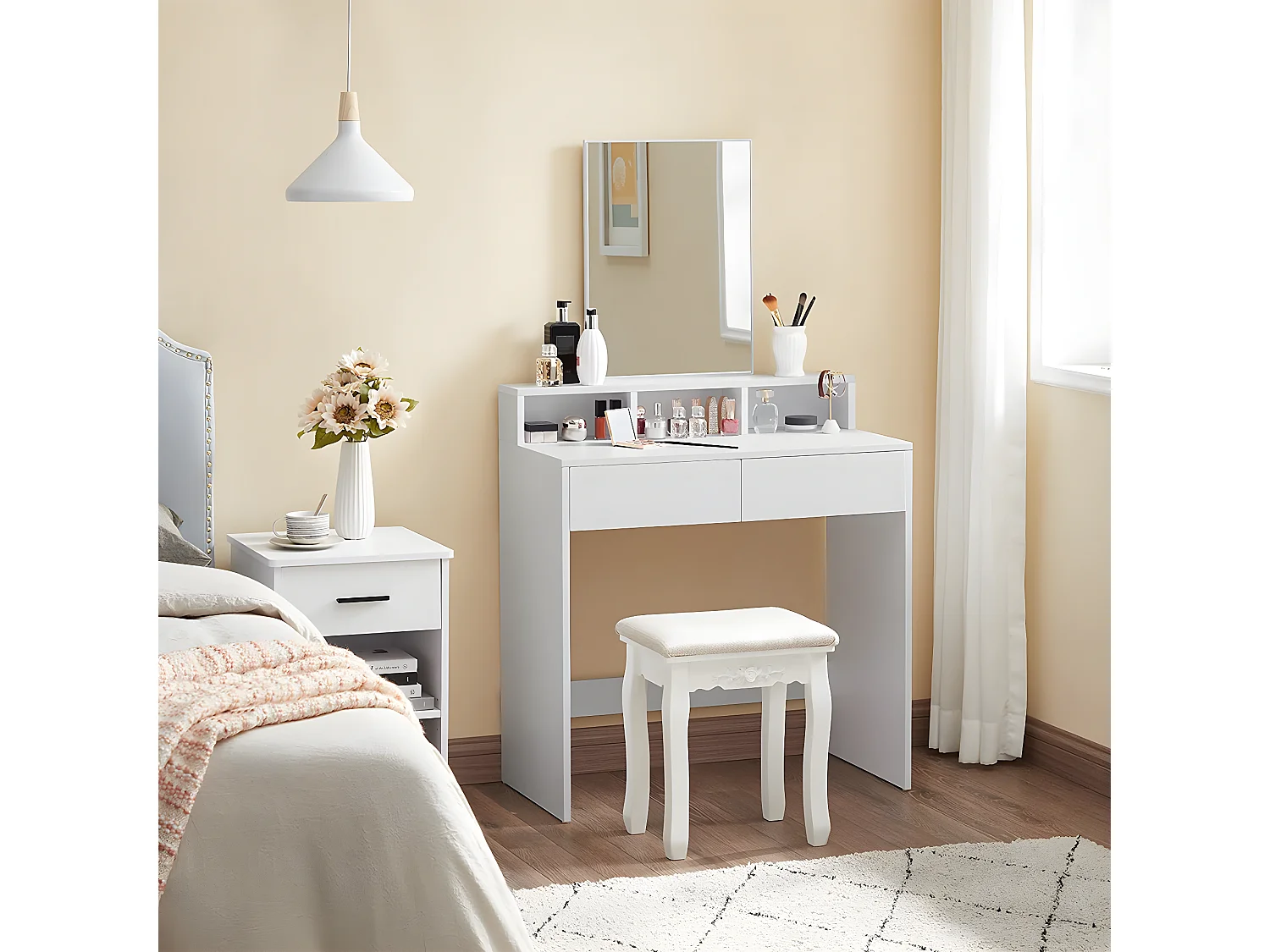 Coiffeuse blanche avec 1 miroir et 2 tiroirs - L80 x H140 cm