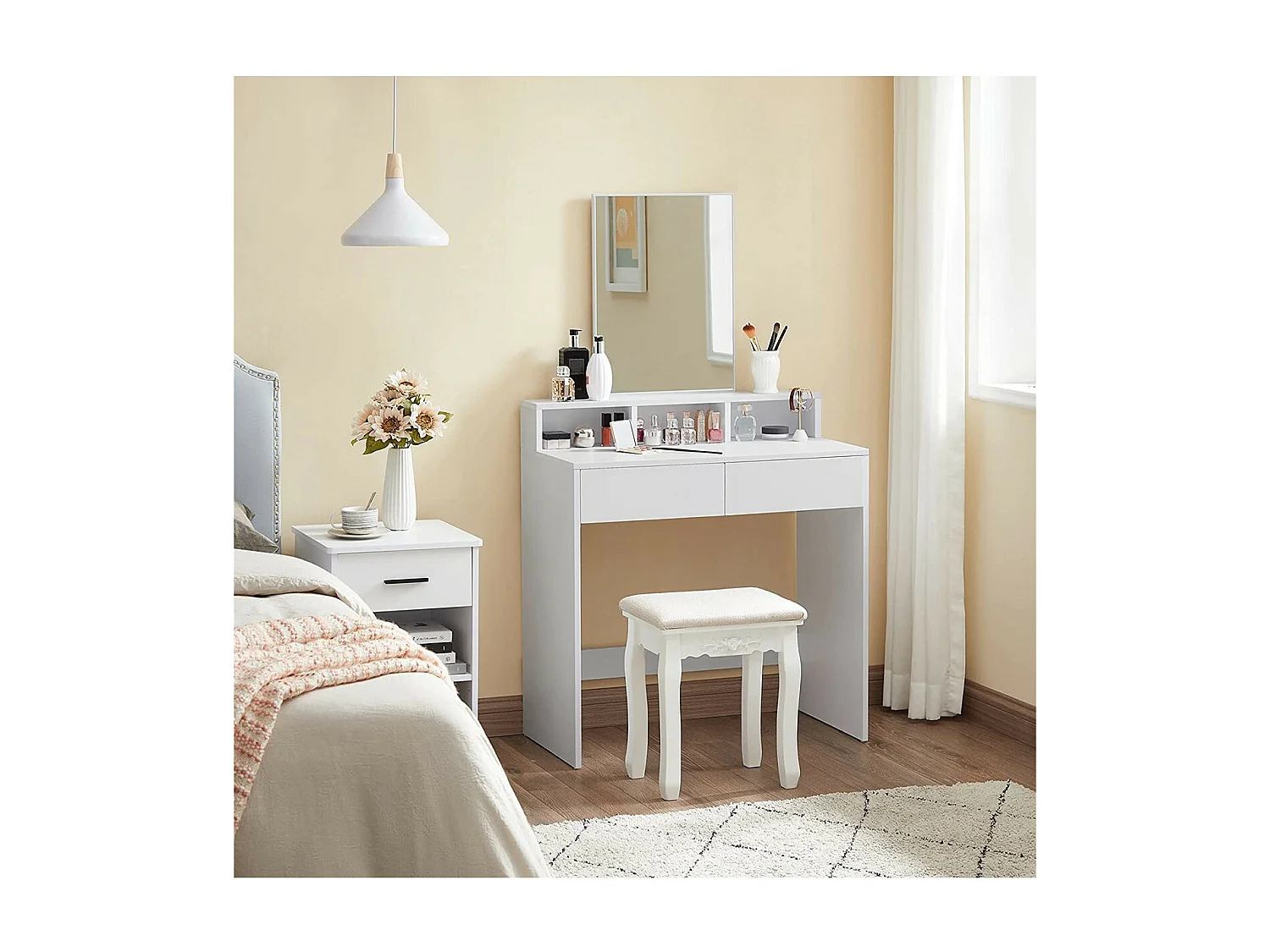 Coiffeuse blanche avec 1 miroir et 2 tiroirs - L80 x H140 cm