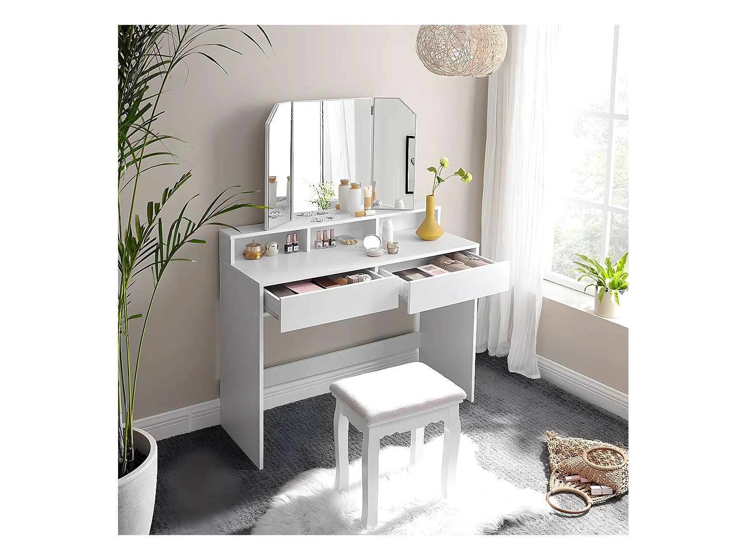 Tocador blanco con espejo de 3 paneles y 2 cajones - L100 cm