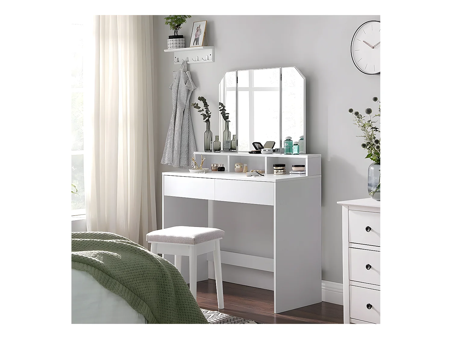 Tocador blanco con espejo de 3 paneles y 2 cajones - L100 cm