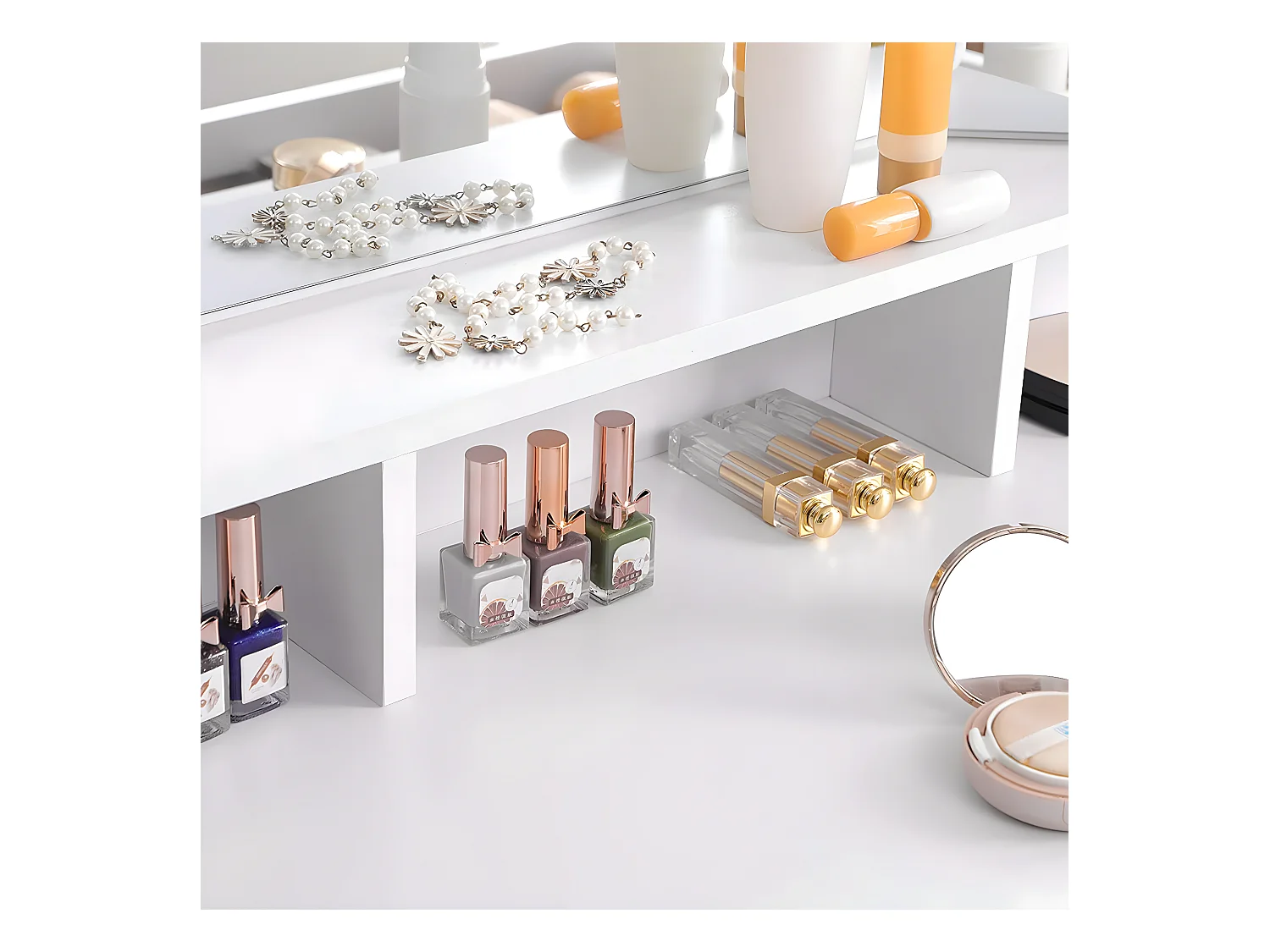 Tocador blanco con espejo de 3 paneles y 2 cajones - L100 cm