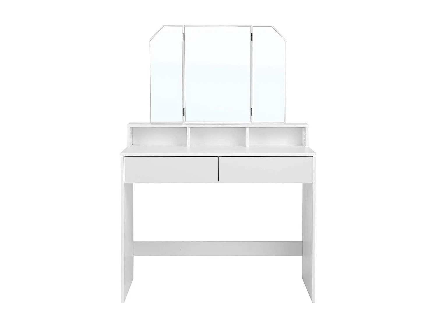 Weißer Schminktisch mit Spiegel 3 offene Fächer und 2 Schubladen - L100 cm