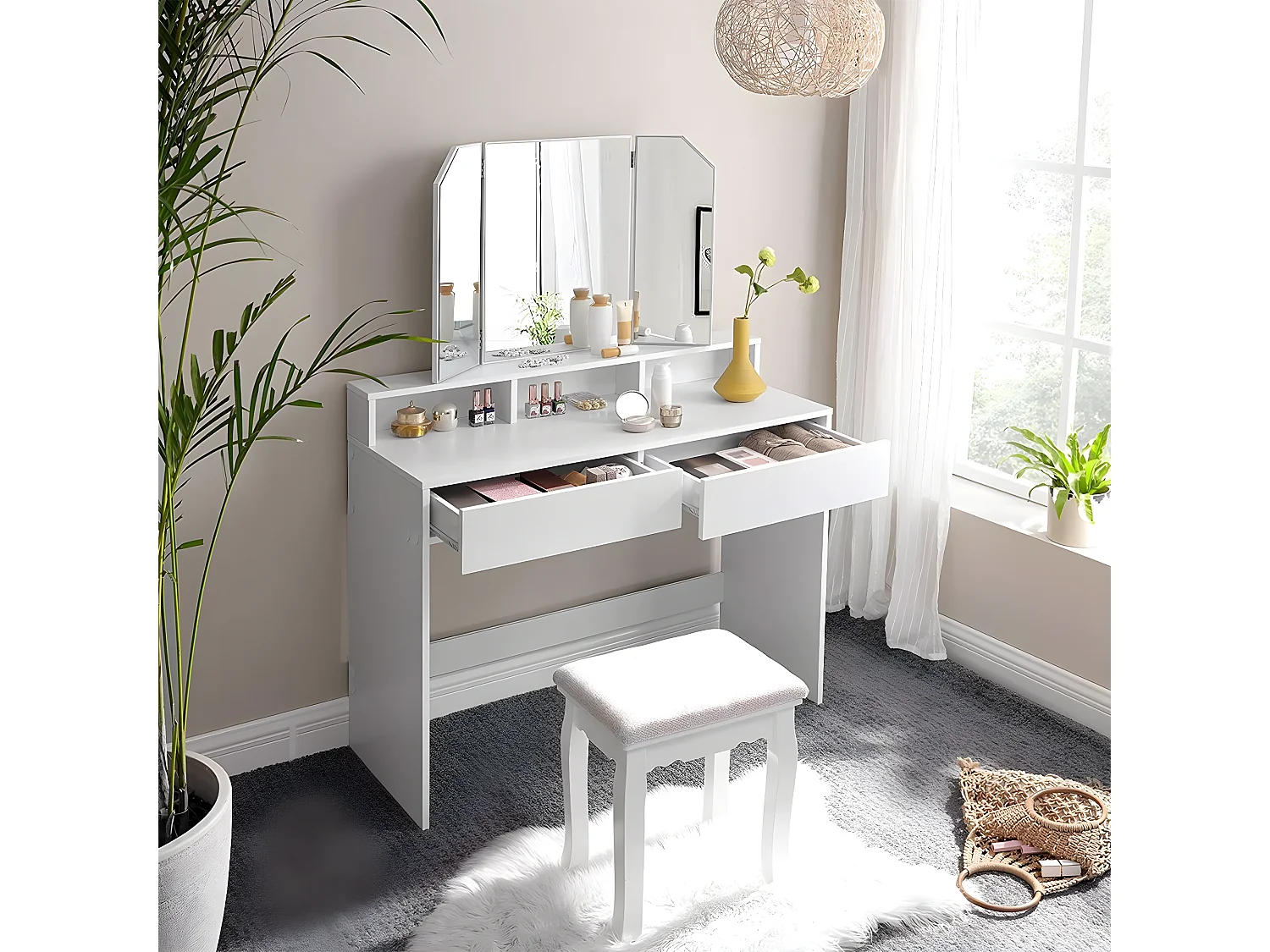 Weißer Schminktisch mit Spiegel 3 offene Fächer und 2 Schubladen - L100 cm