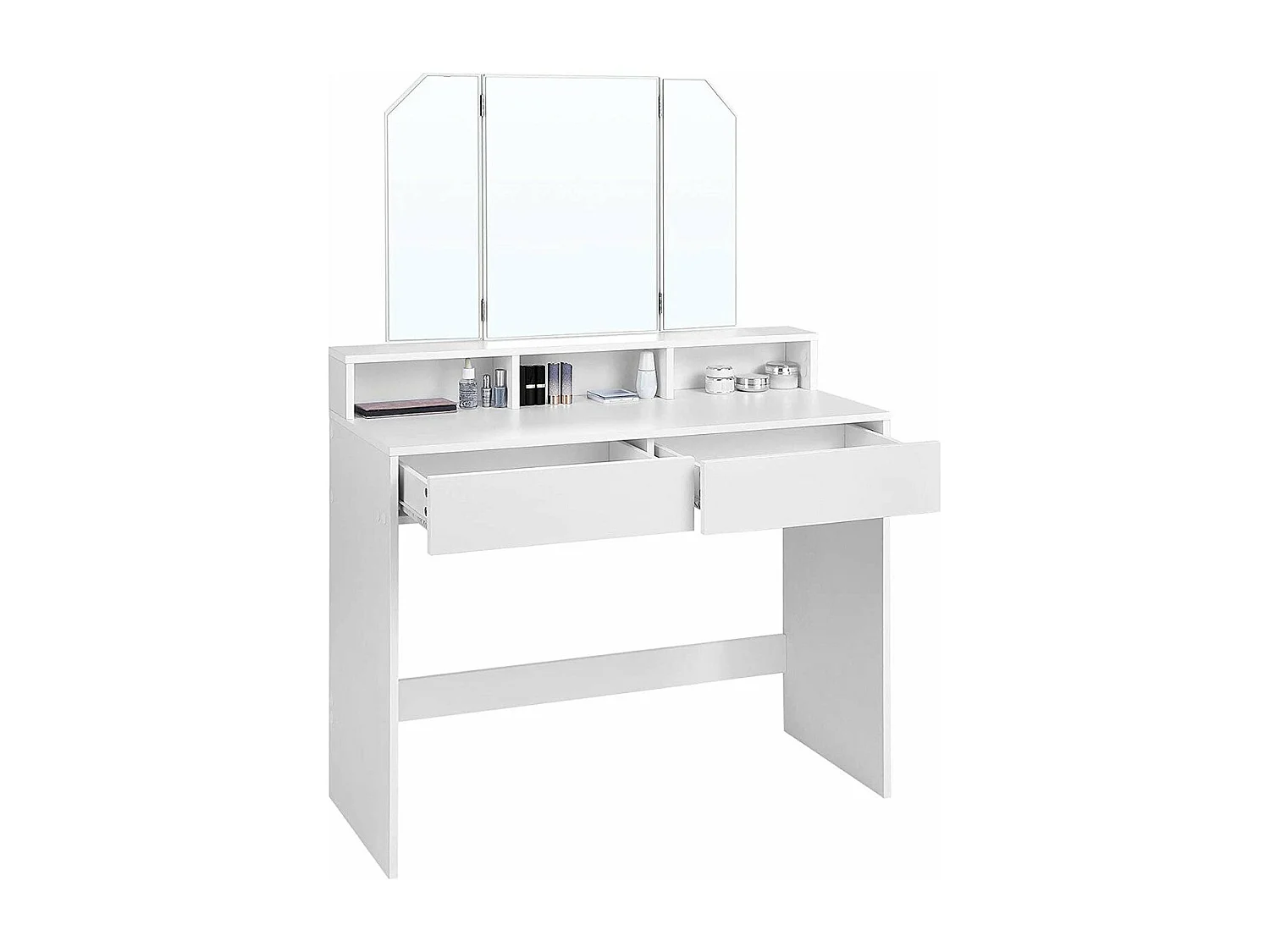 Weißer Schminktisch mit Spiegel 3 offene Fächer und 2 Schubladen - L100 cm